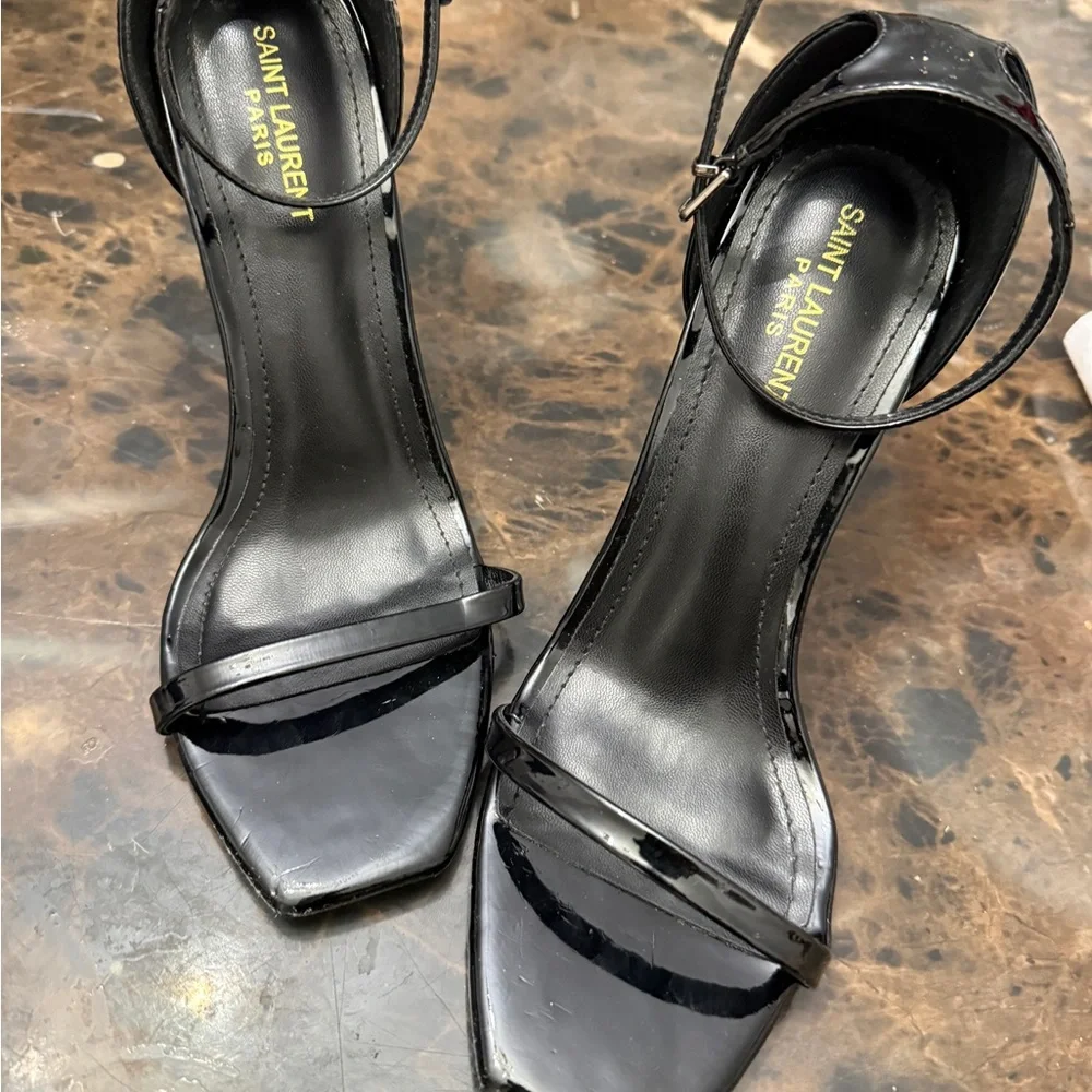 Saint Laurent Black Heels with Gold Logo - Picture 3 of 5